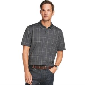 Van Heusen Men's Gray Striped Windowpane 2 Button Short Sleeve Polo Shirt Medium